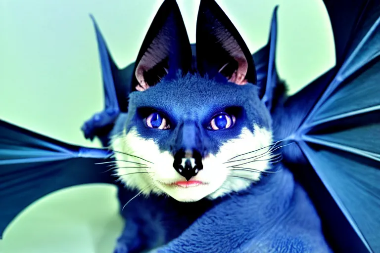 Image similar to a blue - and - black male catbat fursona with blue / green heterochromatic eyes ( differently - colored eyes ) and huge bat ears, photo of the catbat streaming on his computer