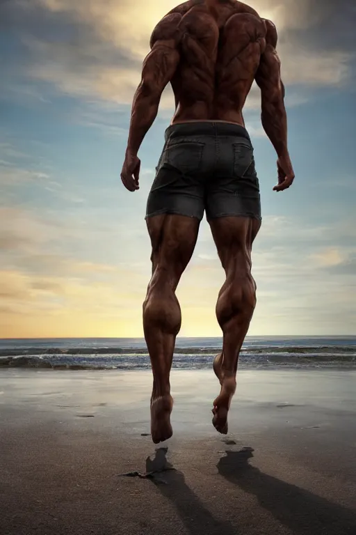 Image similar to a very muscular and defined man wearing ripped pants and shirt looking to the sea at sunset, godrays, complementary colors, natural lighting, portait image, path tracing, serene landscape, high quality, highly detailed, 8K, soft colors, warm colors, turbulent sea, high coherence, anatomically correct, hyperrealistic, concept art, defined face, five fingers, front view