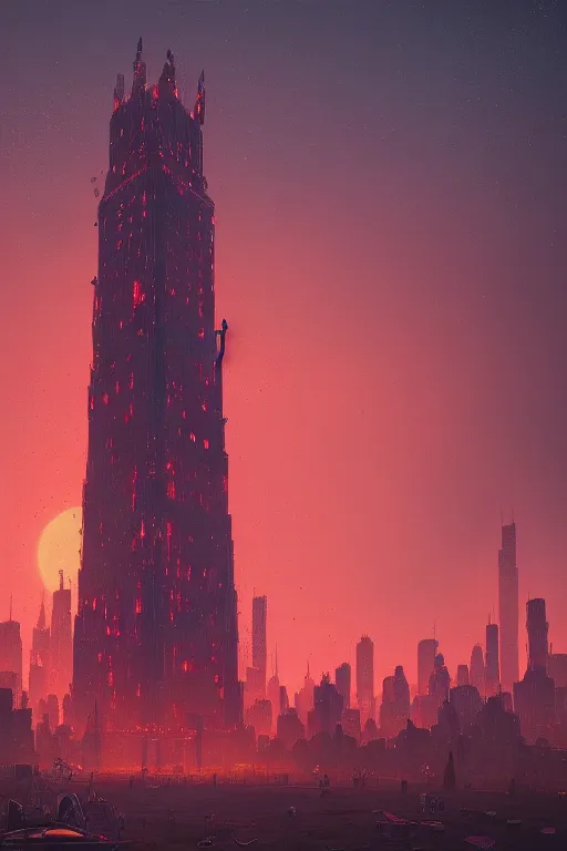 Image similar to wizard tower in downtown chicago, silhouetted by enormous bloodmoon, an epic fantasy, dramatic lighting, cinematic, establishing shot, extremely high detail, photorealistic, cinematic lighting, artstation, by simon stalenhag, horizon forbidden west