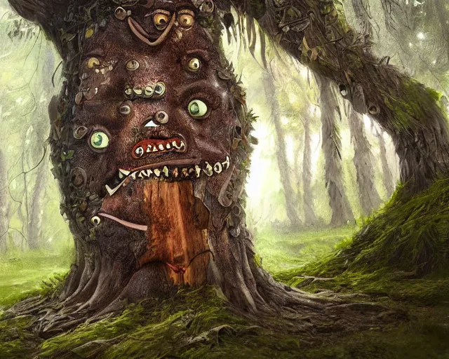 Image similar to a talking tree, a smiling face in the bark, nose made of wood, mouth in the bark, fantasy concept art, oil painting, hyperrealistic, highly detailed, artstation, cgsociety, in the forest