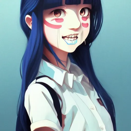 Image similar to urban school girl in shirt fanart, dark blue long hair, muted colors, matte print, pastel colors, ornate, digital art, cute smile, digital painting, fan art, elegant, pixiv, by Ilya Kuvshinov, by Studio Ghibli