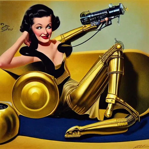 Image similar to a reclining c3po with a smiling female human face by Gil Elvgren, holding a smoking ray-gun, full body