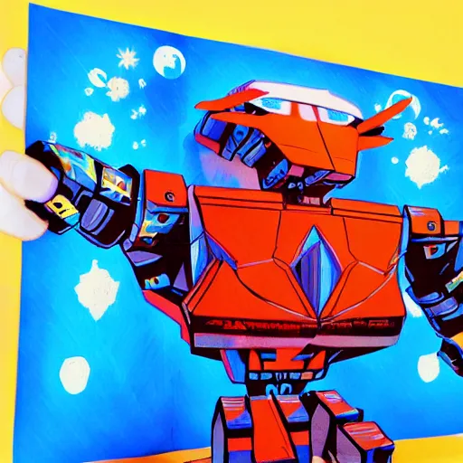 Image similar to giant robot made of trapper keeper artwork