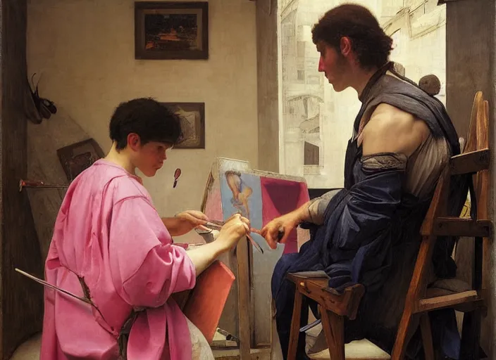 Image similar to a young painter in his studio painting a picture of a pink penguin, by edgar maxence and caravaggio and michael whelan and delacroix style, artistic, intricate drawing, cinematic lighting, hyper realistic, extremely detailed, establishing shot, 8 k resolution, dramatic lighting