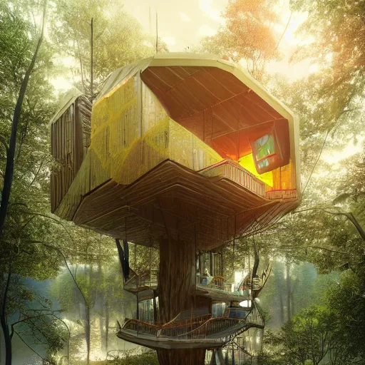 Prompt: ultra realistic and intricate detailed photograph of giant holy tech treehouse, innovation, bright modern style, artstation, unreal render, depth of field, ambient lighting, award winning, stunning