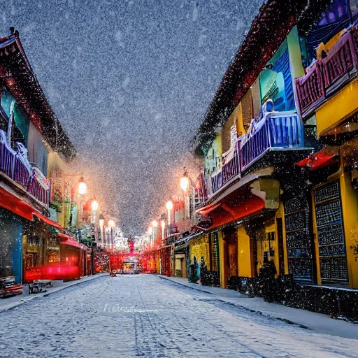 Image similar to a beautiful winter photograph of Chinatown in Singapore covered in snow, shallow depth of focus