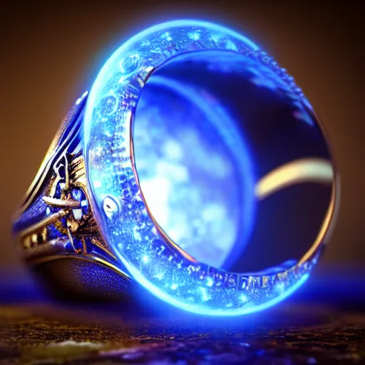 Image similar to a fantasy ring, blue glow, realistic reflections, intricate details, cinematic lighting, depth of field, octane render