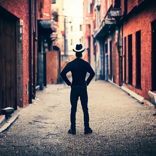 Prompt: photo extreme long shot of invisible manwearing clothes and hat in a back street, cinematic, depth of field, bokeh, atmospheric, 8k, trending on artstation