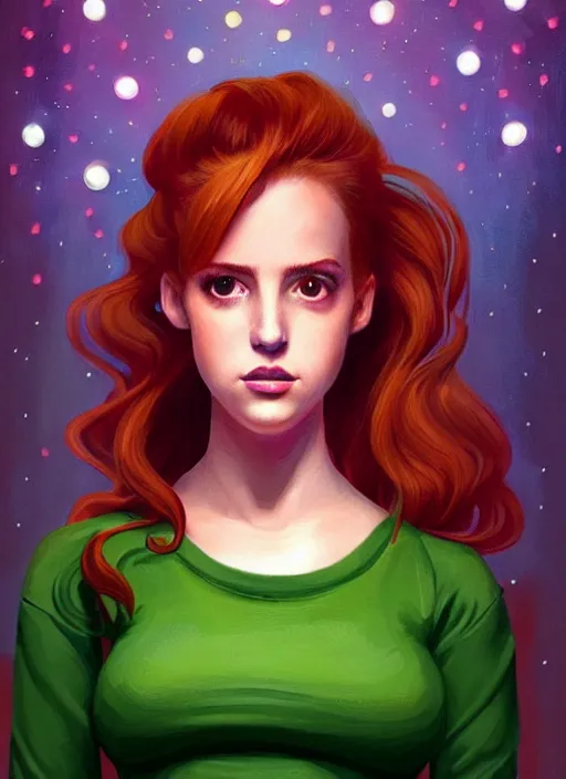 Prompt: full body portrait of teenage cheryl blossom, bangs, green eyes, sultry expression, red hair, sultry smirk, bangs and wavy hair, pink skirt, chubby, intricate, elegant, glowing lights, highly detailed, digital painting, artstation, concept art, smooth, sharp focus, illustration, art by wlop, mars ravelo and greg rutkowski