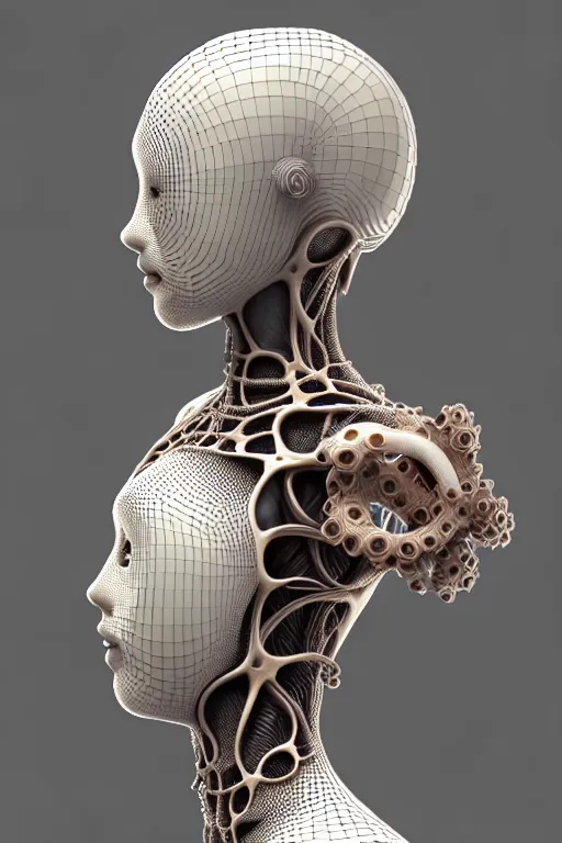 Prompt: 3 d render, biomechanical beautiful young female cyborg with a porcelain profile face, analog, squid, jellyfish, hexagonal mesh fine wire, sinuous fine roots, alexander mcqueen, art nouveau fashion embroidered, steampunk, mandelbrot fractal, picture taken in 1 9 3 0