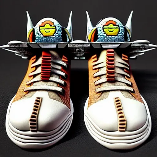 Image similar to realistic scultpure of sneaker! design, sneaker design overwatch fantasy style mixed with aztec mayan native street fashion, focus on sneakers only, shoes designed by akira toriyama and studio ghibli