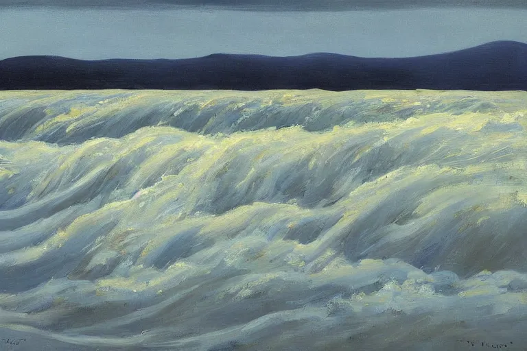 Prompt: Landscape painting. Organic. Winding rushing water. Waves. Clouds. Wayne Thiebaud