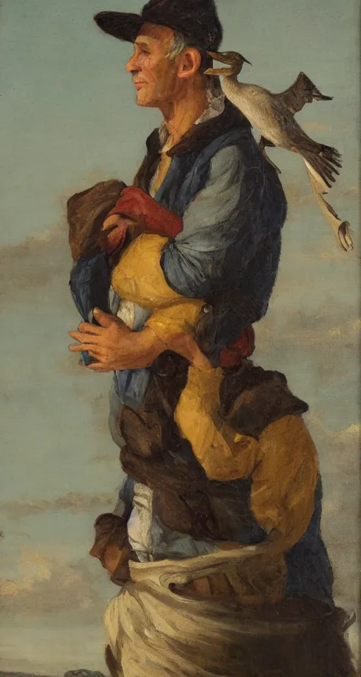 Image similar to romantic portrait painting of a fisherman with a cormorant on his shoulders, in romantic style, sfumato