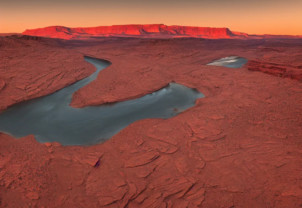 Prompt: a river bend running through a canyon surrounded by desert mountains at sunset on mars, planet mars, moab, utah, ground - level, a tilt shift photo by frederic church, trending on unsplash, hudson river school, photo taken with provia, national geographic photo