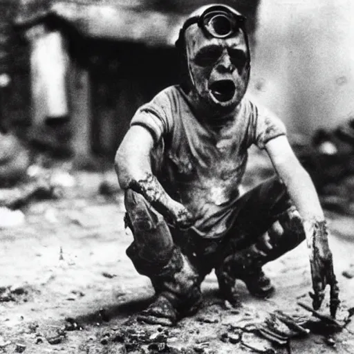 Prompt: A minion suffering from shell shock during world war 2, award-winning photograph