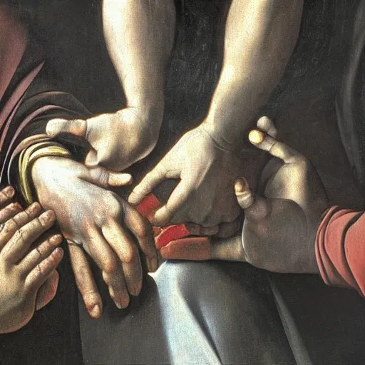 Image similar to closeup of hands in prayer, chiaroscuro caravaggio style, oil painting, renaissance