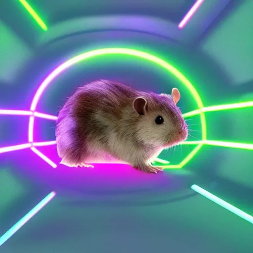 Prompt: cyberpunk hamster made of glowing rainbow neon lights, 8 k, hd