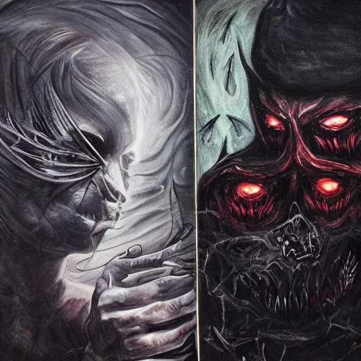 Image similar to The struggle between good and evil, detailed art, dark theme, horror, painting,