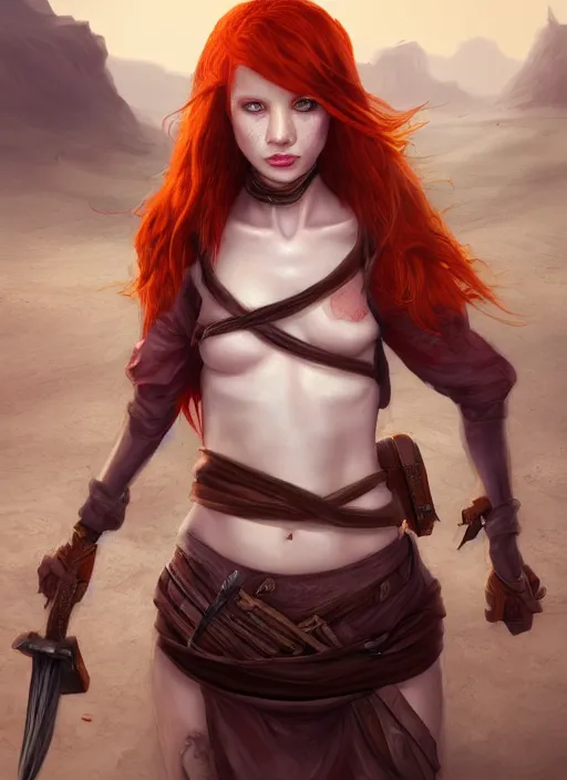 Image similar to Redhead girl which chest wrapped in bandages with katana in desert, fantasy, medieval, vivid colors, fantasy, elegant, concept art, sharp focus, beautiful face, digital art, Hyper-realistic, 4K, Unreal Engine, Highly Detailed, HD, Dramatic Lighting by Brom, trending on Artstation