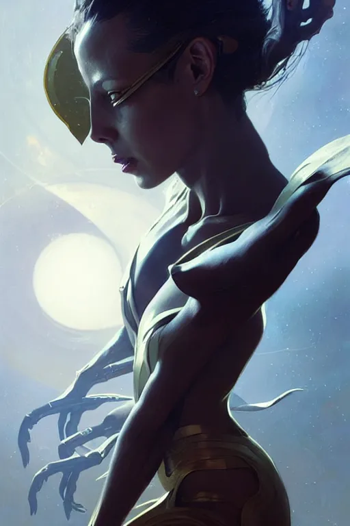 Image similar to alien superstar aeon flux profile picture by Greg Rutkowski, dynamic pose, matte painting, intricate, fantasy concept art, elegant, by Stanley Artgerm Lau, WLOP, golden ratio, thomas kindkade, alphonse mucha, loish, norman Rockwell,