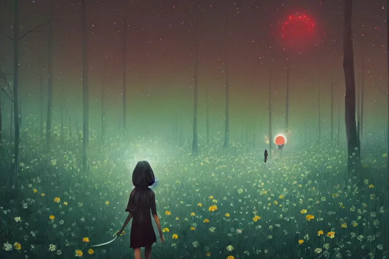 Image similar to giant daisies flowers head, girl walking in dark forest, surreal photography, dark night, stars, moon light, impressionist painting, clouds, digital painting, artstation, simon stalenhag