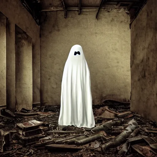 Prompt: ominous bedsheet ghost with cutout eyeholes walking through an old destroyed building, oil painting, gloomy misty atmosphere, symmetrical, full body image, highly ornate intricate details, very sharp photo,