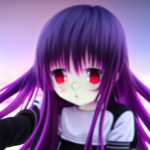 Prompt: A render of a cute young 3D anime girl with long violet hair, she is laying on her back, top down camera angle pointing at her face, she is wearing a long flowing black reaper hood with black pants, a bloody scythe is laying next to her foot, in a busy street, laying on her back, full body, dark and moody lighting, night time