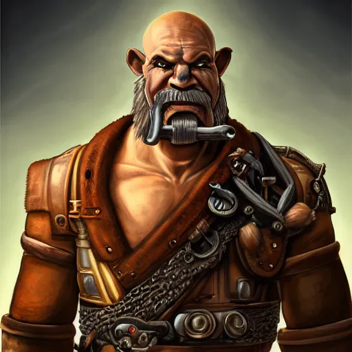 Prompt: portrait of a muscular, bald orc mechanic, wearing a heavy brown leather coat, wielding a wrench, tusks, steampunk setting, gears, airship, Warcraft character, dramatic lighting, high detail, digital art