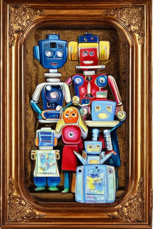 Image similar to A beautiful professional robot family portrait, by Bachrach Studios, 1980s, in an ornate wooden frame