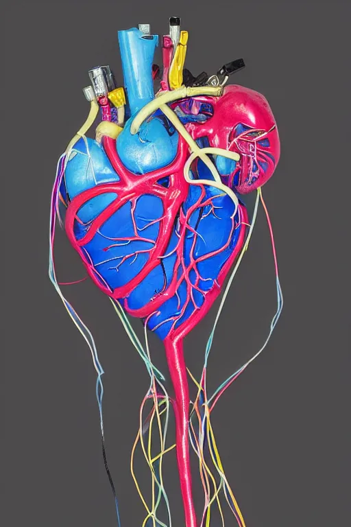 Prompt: a mechanical anatomical human heart made from marble, covered in neon wires