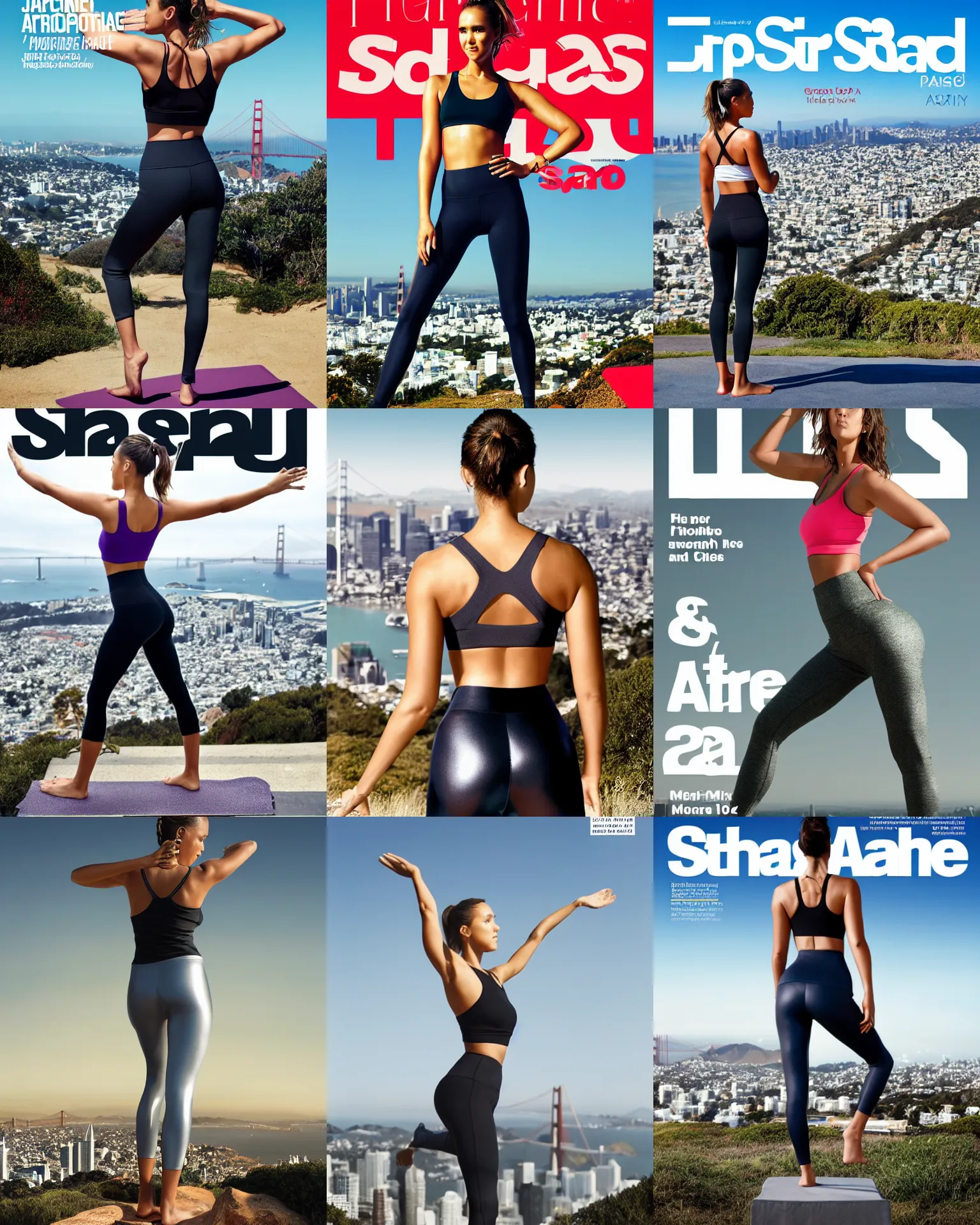 Prompt: shape magazine cover full body portrait of sweaty jessica alba in a peaceful standing yoga pose from behind, overlooking SF from twin peaks, facing away from the camera, thin shiny leggings :: trending on artstation, morning, photoreal, ue5, anime girl, :: nixri, Greg rutkowski, wlop, ::