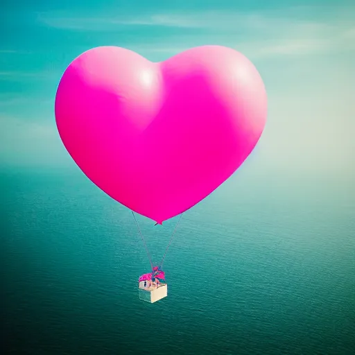 Image similar to a 5 0 mm lens photograph of a cute pink floating modern house, floating in the air between clouds, inspired by the movie up, held up from above by a heart - shaped ballon. mist, playful composition canon, nikon, award winning, photo of the year