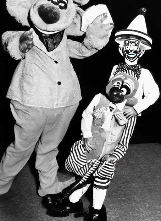 Image similar to Chuck E. Cheese mascot grainy 1940’s circus portrait of an anthropomorphic rat animatronic dressed like a clown, professional portrait HD, mouse, Chuck E. Cheese head, authentic, mouse, costume weird