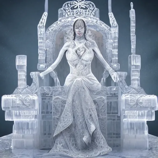 Image similar to an ice sculpture of a very detailed woman seated upon a throne Art Station, concept art, cinematic, 8k, Pinterest, cgsociety, hyper detailed, ultra realistic, epic, high resolution, post processing, ultra high quality, sci fi, sharp, 4k UHD, realistic, intricate, details, masterpiece, Deviant Art, Trending on Artstation, Unreal Engine 4k, octane render