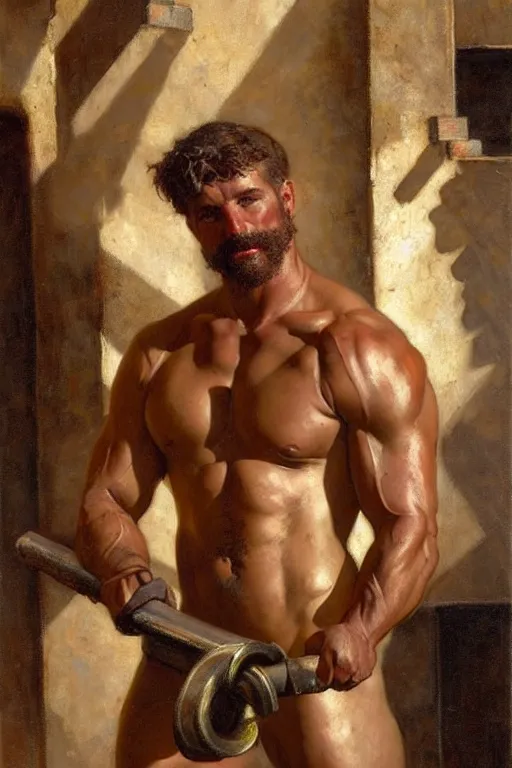 Prompt: muscular sweaty male blacksmith, forgehouse painting by gaston bussiere, craig mullins, j. c. leyendecker, tom of finland