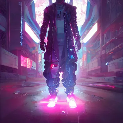 Image similar to cyberpunk japanesse man with neon lights, with techware, intricate, elegant, highly detailed, digital painting, japanese, unreal engine 5, trending on artstation, concept art, studio ghibli, illustration, art by artgerm and greg rutkowski and alphonse mucha