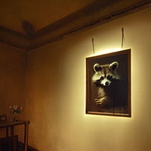 Prompt: a single beam of light enter the room from the ceiling. the beam of light is illuminating an easel. on the easel there is a rembrandt painting of a raccoon.