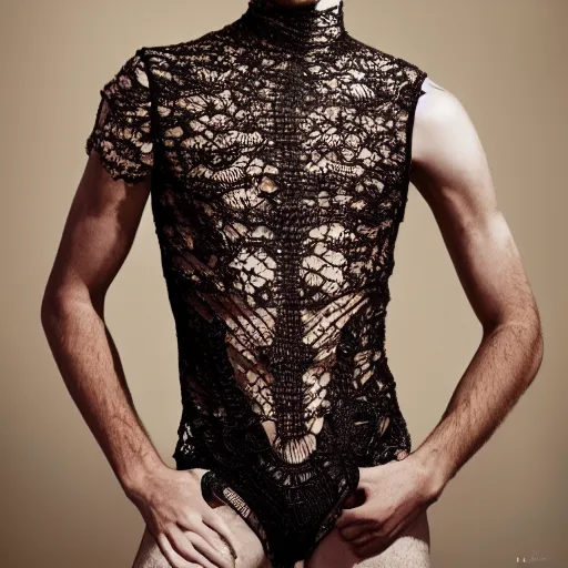 Prompt: a portrait of a beautiful young male wearing an alexander mcqueen bodysuit made of rock lace , photographed by andrew thomas huang, artistic