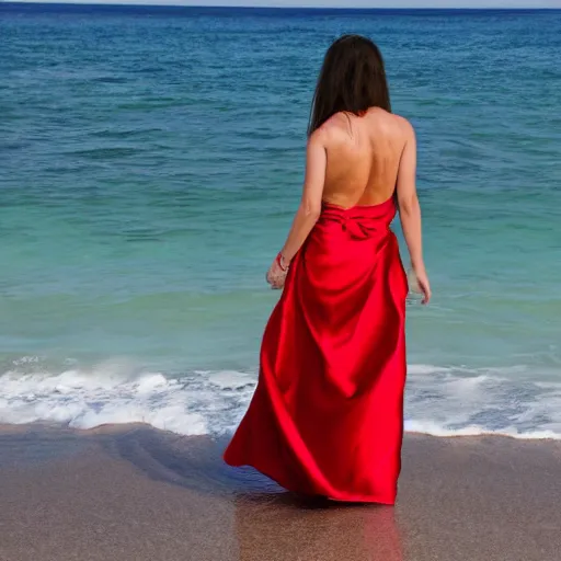 Image similar to woman with waving long hair, satin red dress, walking up to her waist in the ocean, back view, first person view