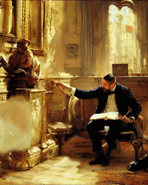 Image similar to tom hardy ( ( ( beard ) ) ) clean - shaven, rehearsing shakespeare to a room full of businessmen, painting by gaston bussiere, craig mullins, j. c. leyendecker