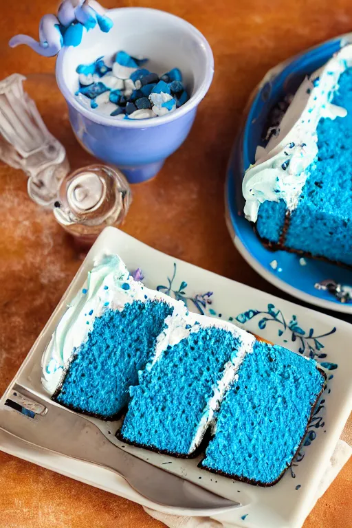 Prompt: blue cake topped with benadryl, professional food photography