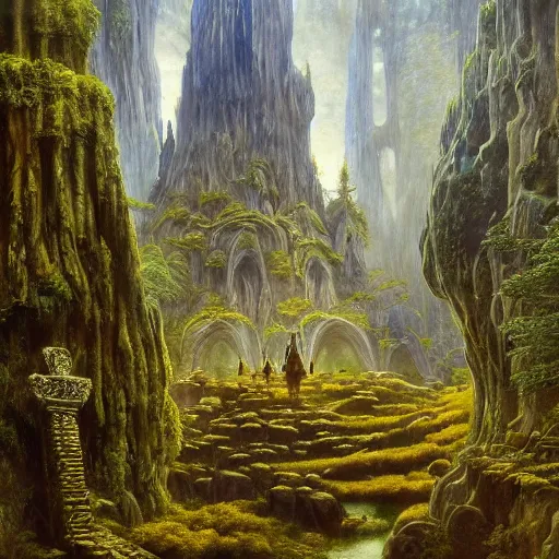 Image similar to a beautiful and highly detailed oil painting of an elven temple deep in the misty mountains, secret valley, tall spires, beautiful trees, runes carved into the stone, intricate details, epic scale, insanely complex, 8 k, sharp focus, hyper realism, fantasy landscape, psychedelic, by caspar friedrich, brian froud, albert bierstadt,