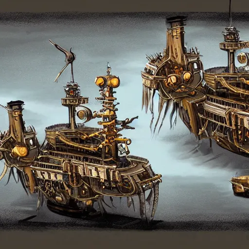 Prompt: future cybernetic steampunk pirate ship with robotic arms concept art