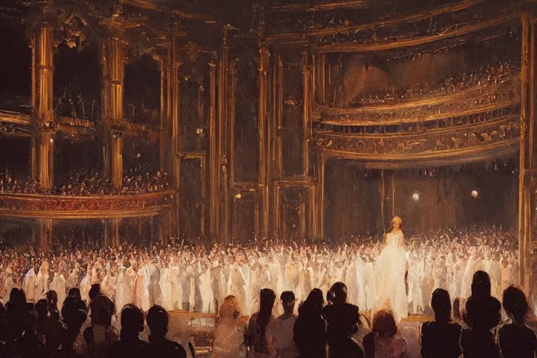 Image similar to Painting by Greg Rutkowski, hundreds of spectators look at an illuminated girl in a white long dress on a theater opera stage with an orchestra, view from the hall