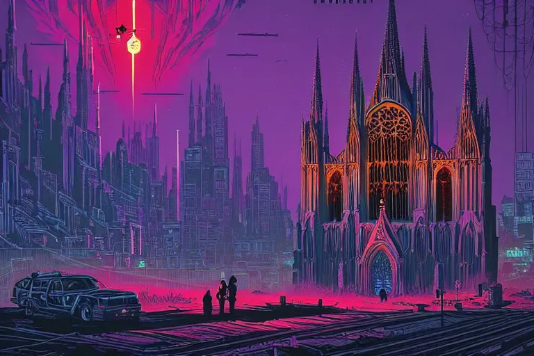 Image similar to a gothic cathedral dan mumford and josan gonzalez and simon stalenhag, cyberpunk, police drones