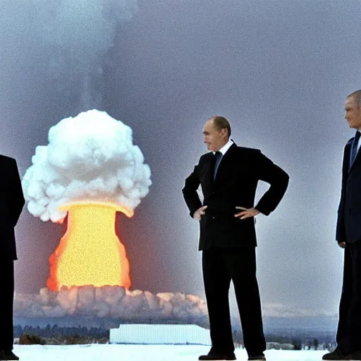 Image similar to putin standing next to nuclear explosion