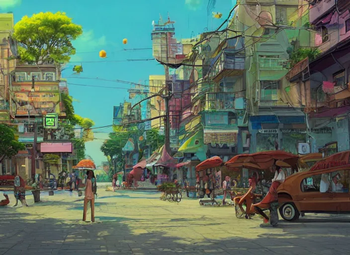 Image similar to bangkok townsquare, without human, empty street, summer morning, very coherent and colorful high contrast, art by gediminas pranckevicius, geof darrow, makoto shinkai, dark shadows, hard lighting