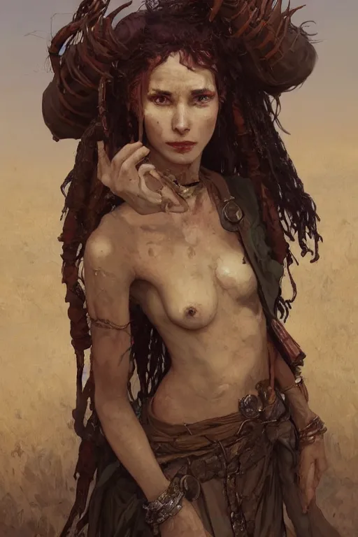 Image similar to a full body portrait of a beautiful post apocalyptic offworld tieflings quarter bedouin blind pulp fiction scarlet wild rogue barbarian leper begging by the roadside, intricate, elegant, highly detailed, digital painting, artstation, concept art, smooth, sharp focus, illustration, art by krenz cushart and artem demura and alphonse mucha