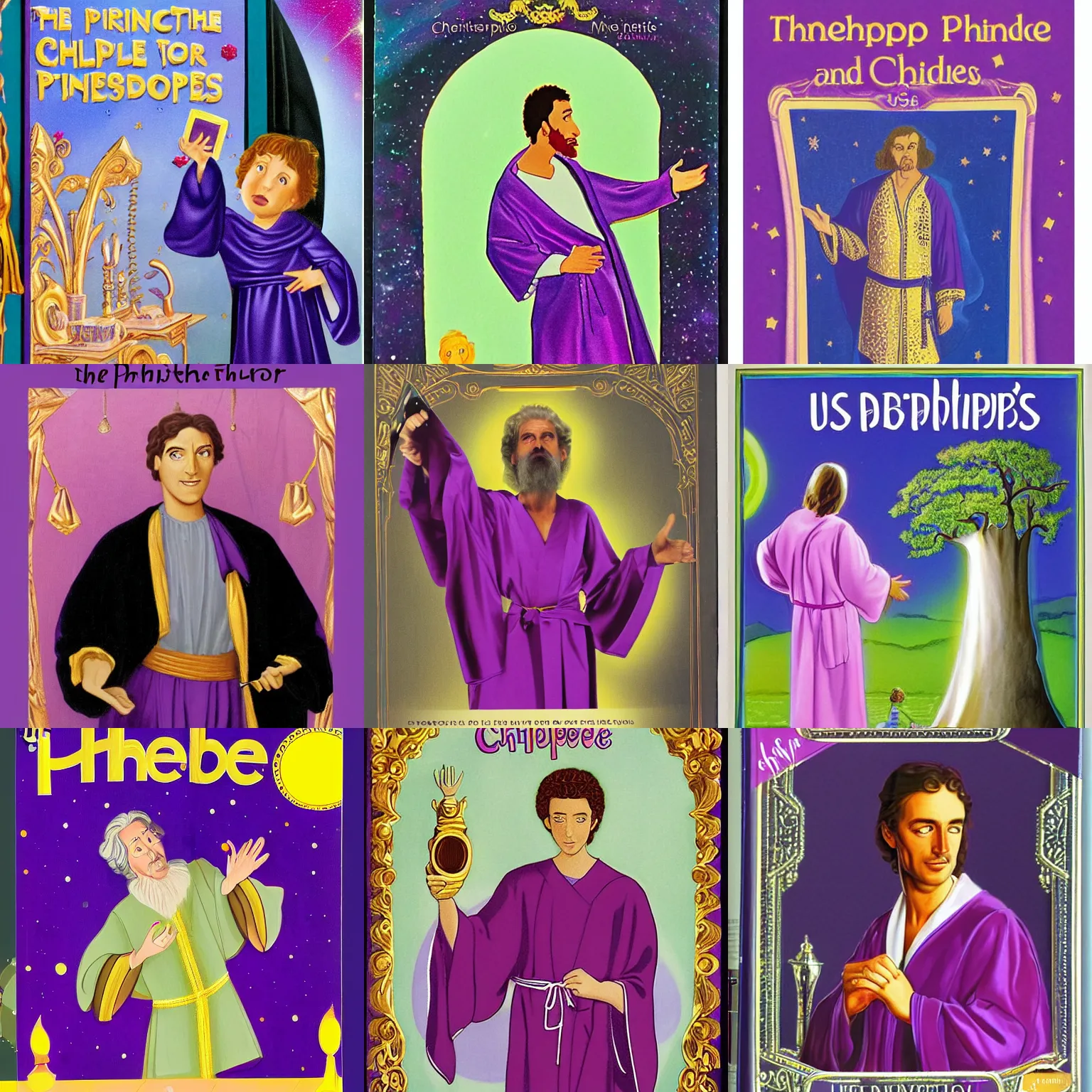 Prompt: The philosopher stands by a huge shiny silver metal mirror. The philosopher wears a purple robe and gold lining. Pictured on the cover of an Usborne children's book.