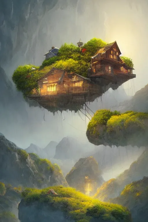 Image similar to a house floating with balloons, near the mountains and below is a deep canyon, dream core art, dynamic lighting, fantasy concept art, trending on art station, stunning visuals, creative, cinematic, ultra detailed